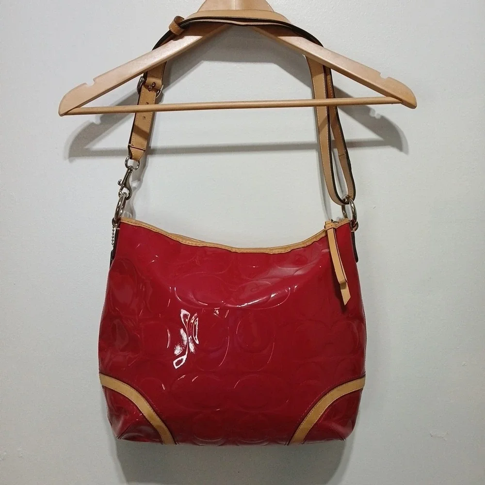 COACH Peyton Embossed Patent Leather Hobo Bag Berry Color Tan Interior